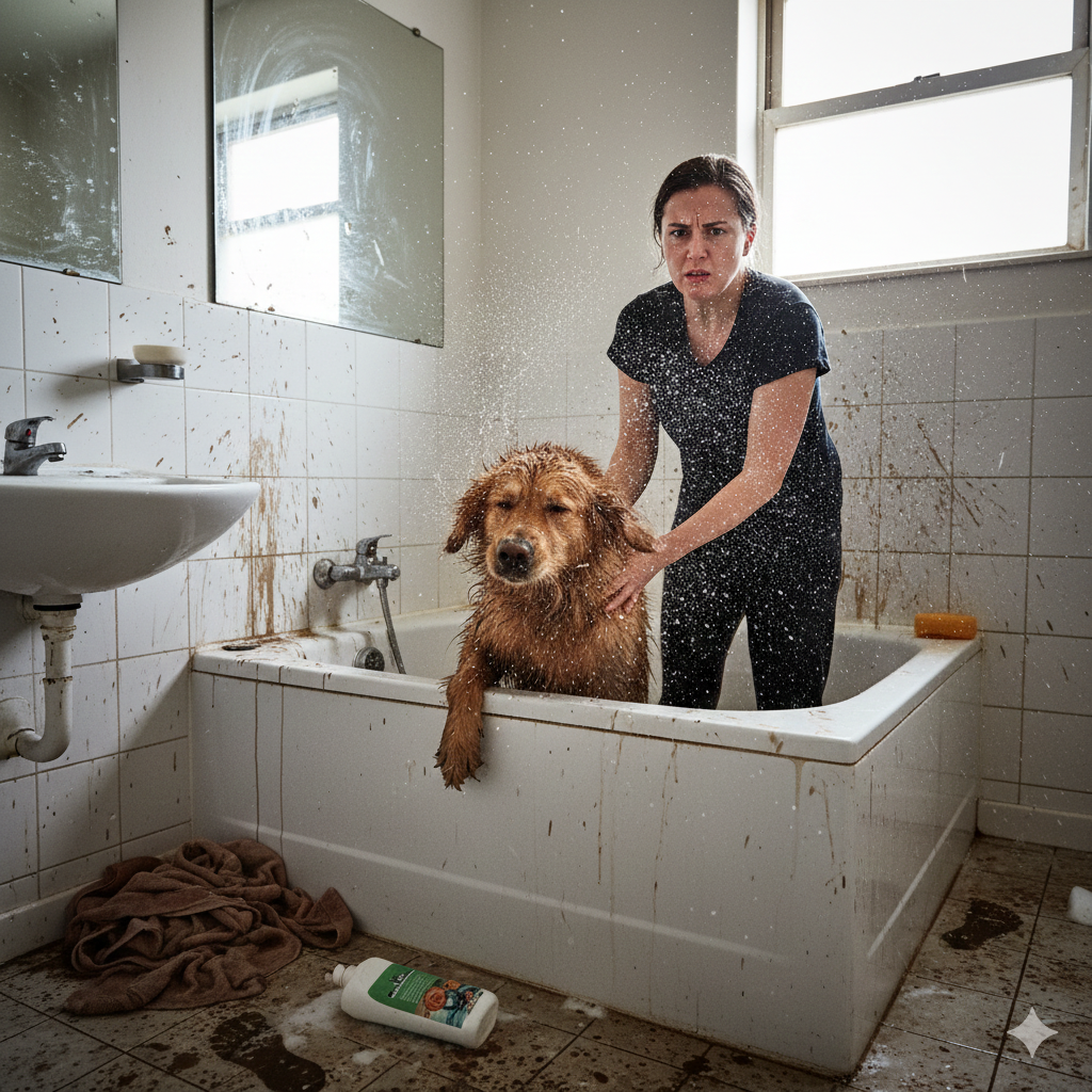 Lavage de chien à la maison - galère et désordre